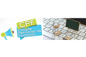 Logo CPF Compte Personnel de Formation et illustration miniature d'une salle de classe avec tableau et chaises sur un clavier d'ordinateur