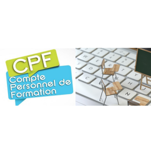 Logo CPF Compte Personnel de Formation et illustration miniature d'une salle de classe avec tableau et chaises sur un clavier d'ordinateur