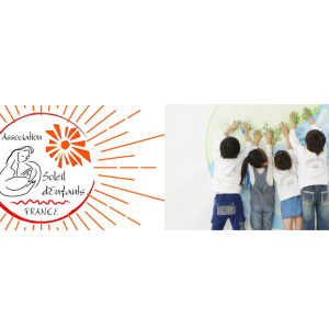 Logo de l'association Soleil d'Enfants France et groupe d'enfants peignant ensemble un globe terrestre coloré