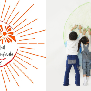 Logo de l'association Soleil d'Enfants France et groupe d'enfants peignant ensemble un globe terrestre coloré