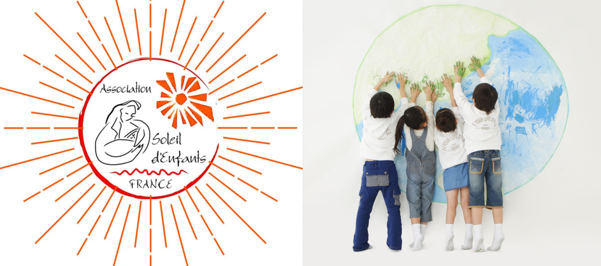 Logo de l'association Soleil d'Enfants France et groupe d'enfants peignant ensemble un globe terrestre coloré