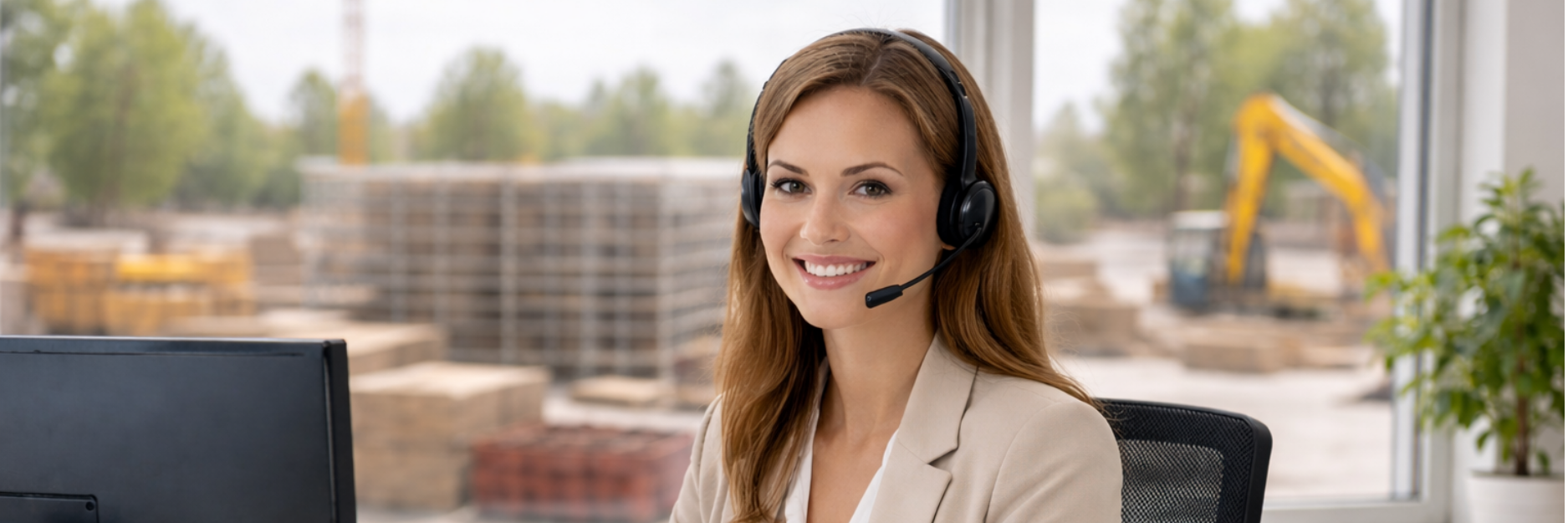 Téléprospectrice souriante avec casque téléphonique, assise devant un ordinateur dans un bureau avec un chantier visible en arrière-plan