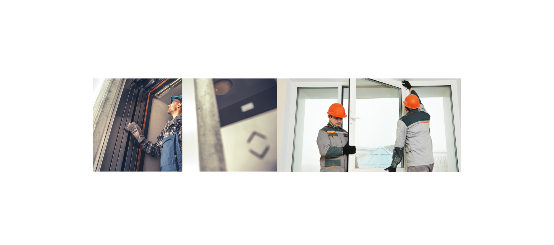 Poseur installant des éléments inox sur une façade, détail de profilé métallique et deux ouvriers en casque orange posant une menuiserie vitrée