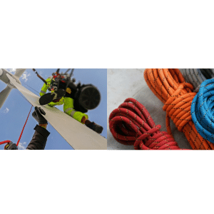 Cordiste en intervention de maintenance sur une éolienne et cordes de sécurité colorées pour travaux en hauteur.