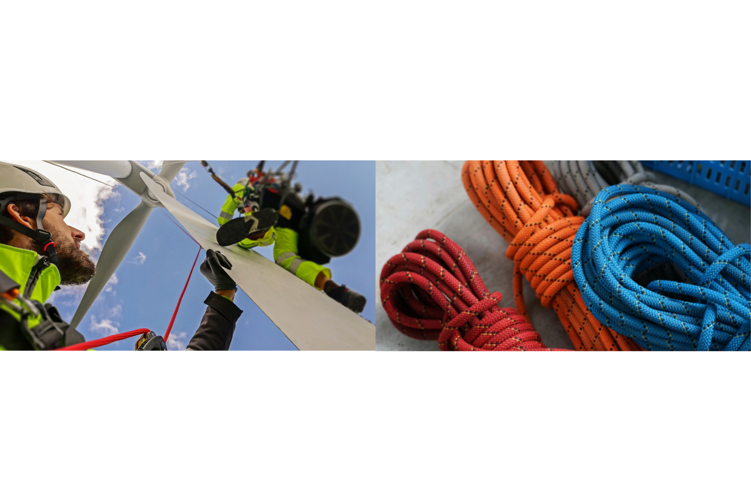Cordiste en intervention de maintenance sur une éolienne et cordes de sécurité colorées pour travaux en hauteur.