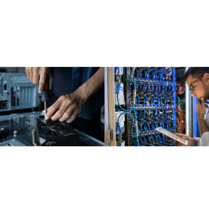 Technicien SSI en train d'inspecter une centrale de sécurité avec une tablette et gros plan sur la maintenance technique de circuits électroniques.