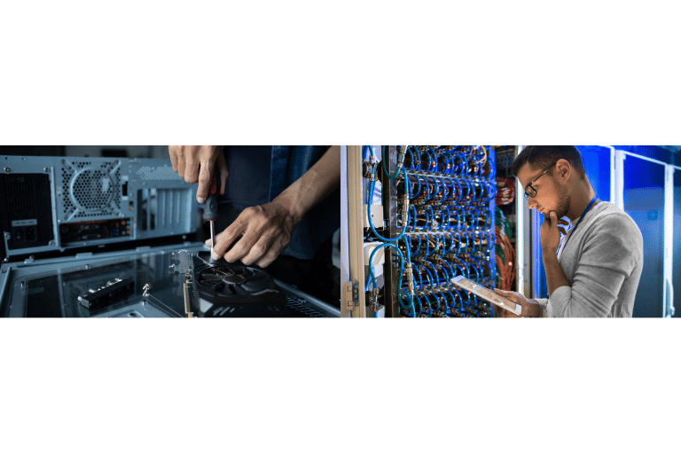 Technicien SSI en train d'inspecter une centrale de sécurité avec une tablette et gros plan sur la maintenance technique de circuits électroniques.