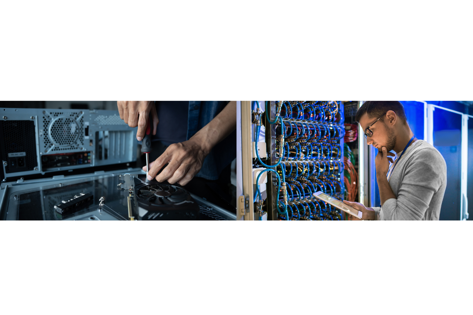 Technicien SSI en train d'inspecter une centrale de sécurité avec une tablette et gros plan sur la maintenance technique de circuits électroniques.
