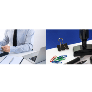 Agent administratif classant des documents dans une mallette de bureau avec ordinateur portable, entouré de fournitures de bureau