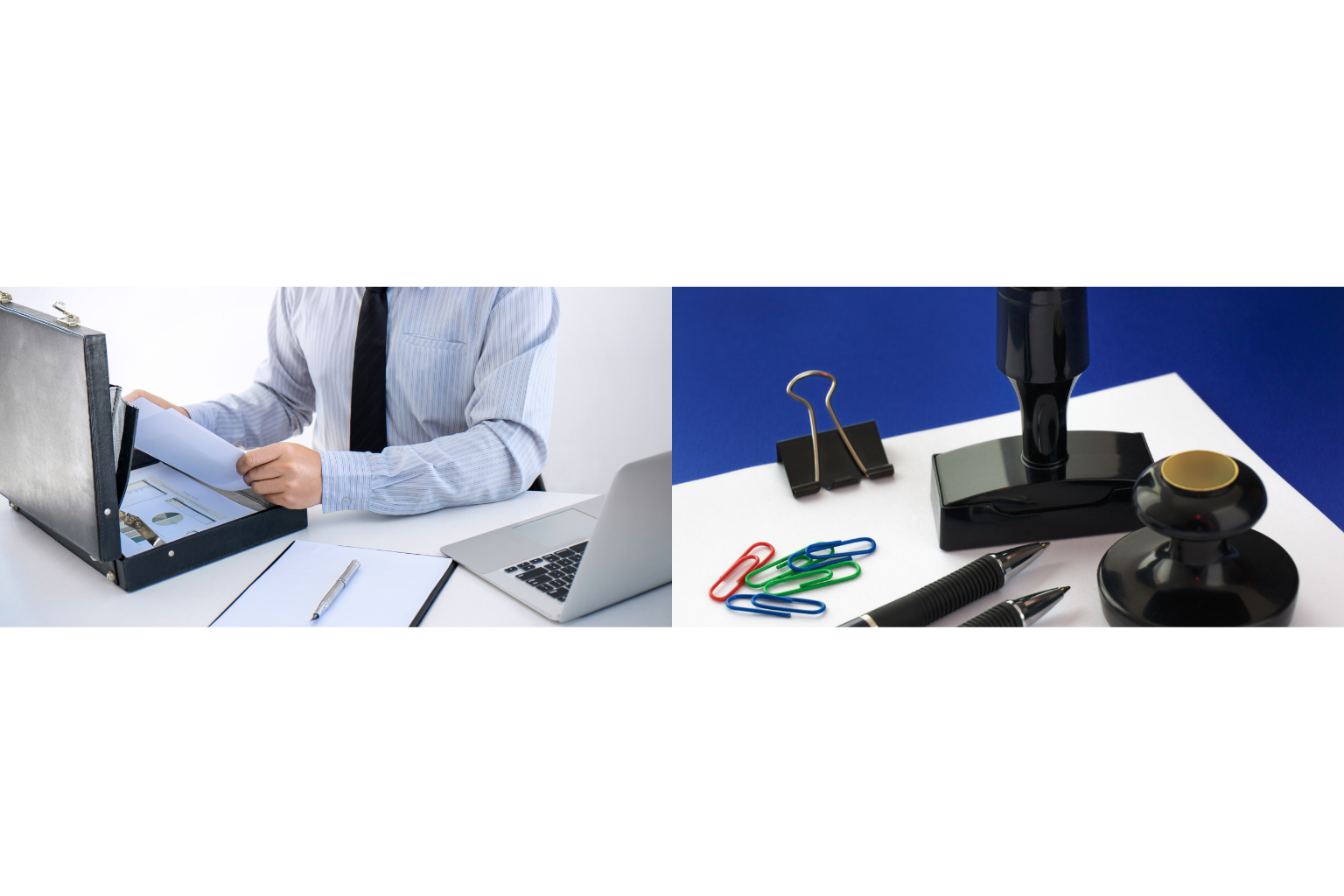 Agent administratif classant des documents dans une mallette de bureau avec ordinateur portable, entouré de fournitures de bureau