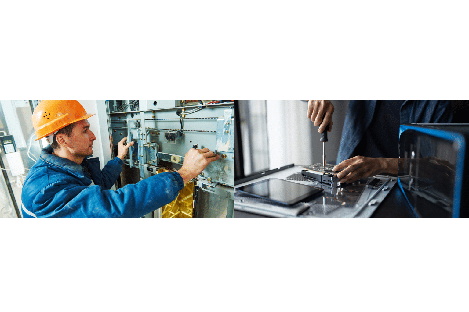 Technicien de maintenance industrielle avec casque de chantier intervenant sur un équipement électrique, et technicien réparant une carte électronique avec un tournevis