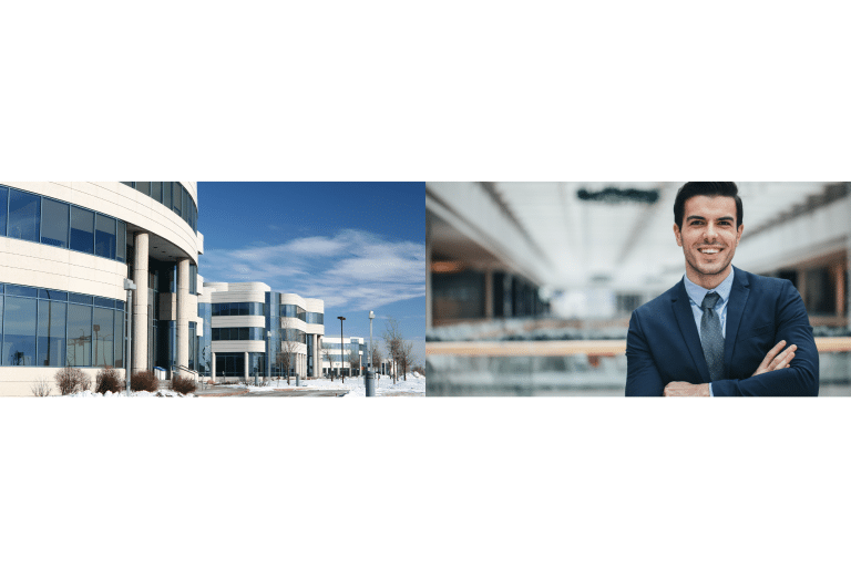 Complexe de bâtiments tertiaires modernes et manager en costume bras croisés souriant dans un environnement professionnel