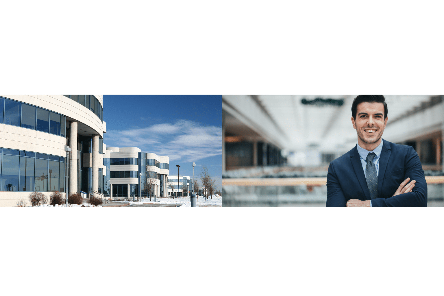 Complexe de bâtiments tertiaires modernes et manager en costume bras croisés souriant dans un environnement professionnel