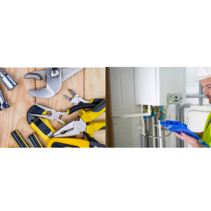 Outils de plomberie posés sur bois et technicien chauffagiste en gilet jaune consultant une tablette devant une chaudière murale
