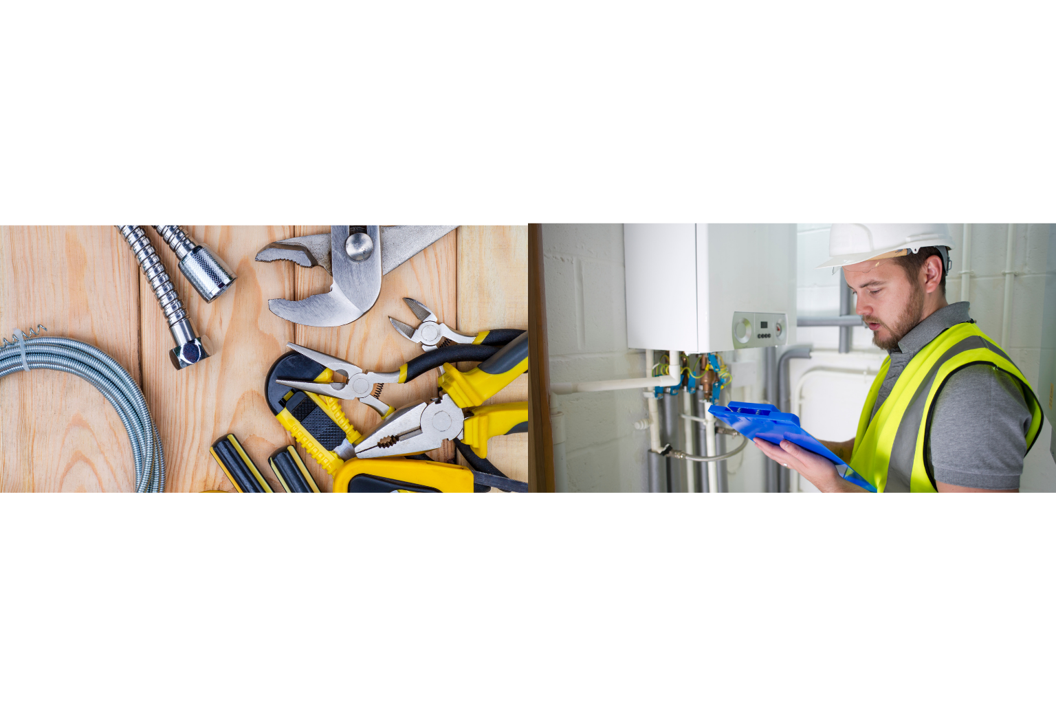 Outils de plomberie posés sur bois et technicien chauffagiste en gilet jaune consultant une tablette devant une chaudière murale