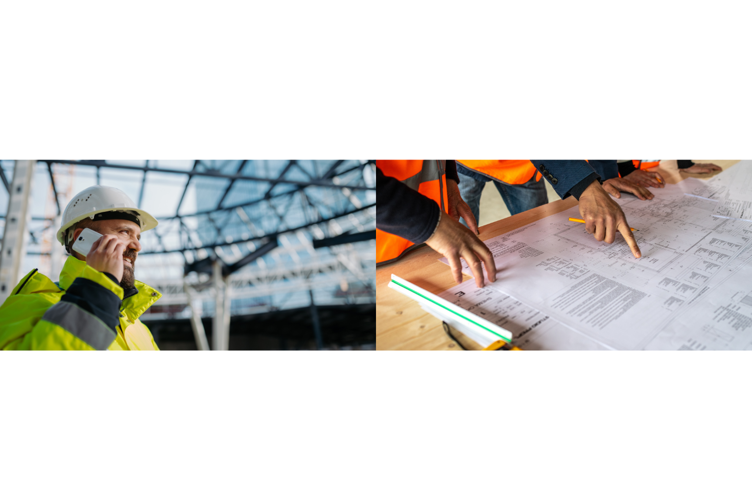 Chef de chantier en casque blanc et gilet jaune téléphonant sur un chantier de structure métallique, et équipe BTP consultant des plans sur table