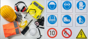 Ensemble d'équipements de protection individuelle (casque, gants, lunettes, gilet, masque, protections auditives) et pictogrammes de sécurité obligatoire bleus sur fond gris