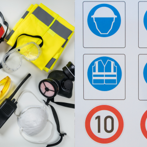 Ensemble d'équipements de protection individuelle (casque, gants, lunettes, gilet, masque, protections auditives) et pictogrammes de sécurité obligatoire bleus sur fond gris