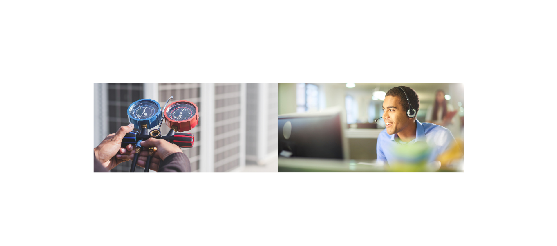 Manomètres de contrôle de fluides frigorigènes devant une unité de climatisation et assistant SAV avec casque téléphonique devant un écran d'ordinateur en open space
