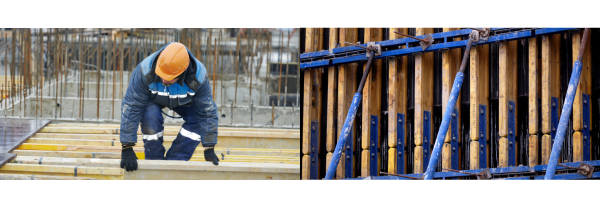 Coffreur en combinaison bleue et casque orange posant des éléments de coffrage bois sur un chantier de béton armé à gauche, gros plan sur des banches métalliques bleues et bois assemblées sur un chantier de gros œuvre à droite