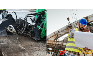 Engin de découpe de chaussée en action sur un chantier VRD avec cône de signalisation à gauche, deux conducteurs de travaux en gilet haute visibilité consultant des plans sur un chantier de génie civil à droite