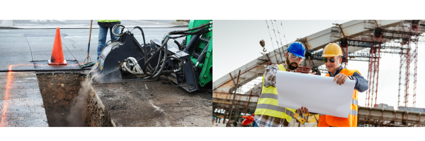 Engin de découpe de chaussée en action sur un chantier VRD avec cône de signalisation à gauche, deux conducteurs de travaux en gilet haute visibilité consultant des plans sur un chantier de génie civil à droite