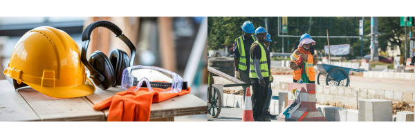 Casque, protège-oreilles, lunettes et gants de chantier posés sur une surface en bois à gauche, deux manœuvres BTP en gilet haute visibilité consultant des plans sur un chantier à droite