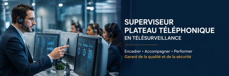 Recrutement superviseur plateau téléphonique : responsable encadrant une équipe en centre d’appels de télésurveillance devant des écrans de contrôle.