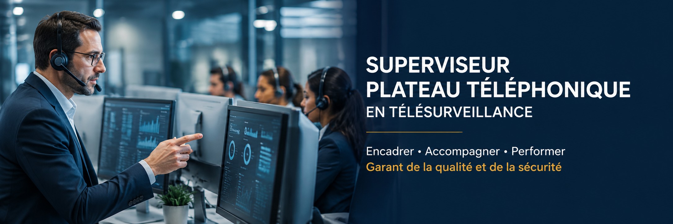 Recrutement superviseur plateau téléphonique : responsable encadrant une équipe en centre d’appels de télésurveillance devant des écrans de contrôle.