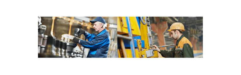 Monteur industriel en combinaison bleue assemblant des pièces mécaniques en atelier et ouvrier en casque jaune intervenant sur un équipement industriel de grande taille