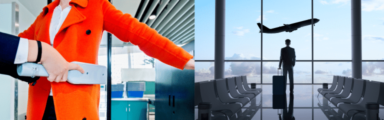 Agent de sûreté effectuant un contrôle au détecteur sur un passager en manteau orange et voyageur en silhouette dans un terminal aéroportuaire avec avion décollant en arrière-plan