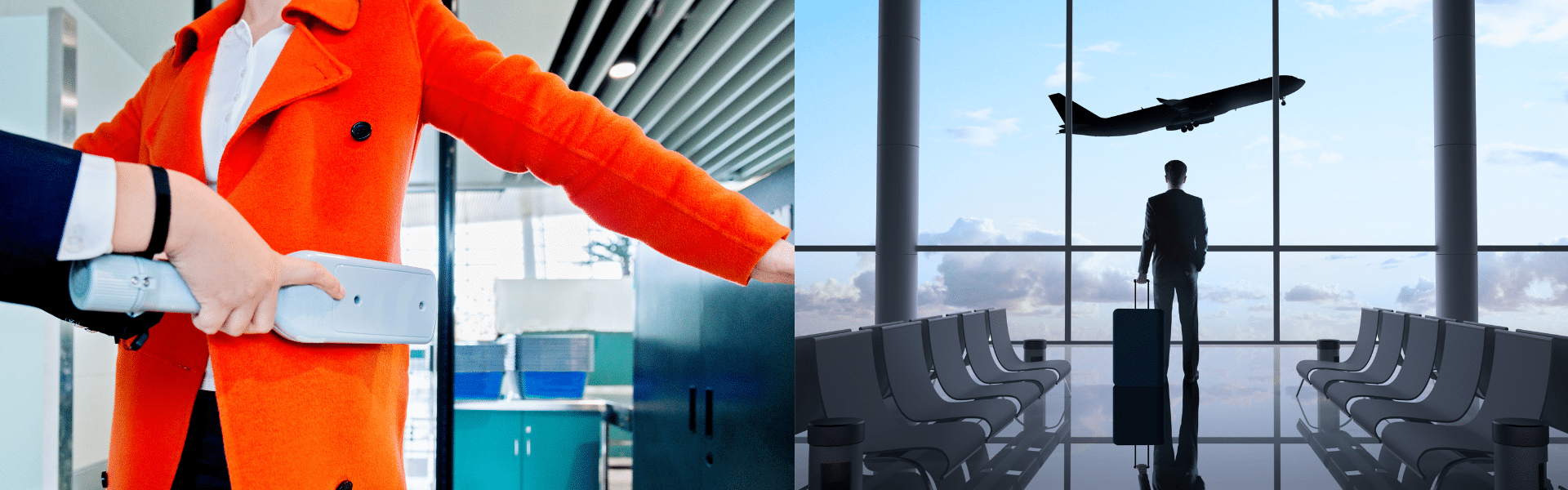 Agent de sûreté effectuant un contrôle au détecteur sur un passager en manteau orange et voyageur en silhouette dans un terminal aéroportuaire avec avion décollant en arrière-plan