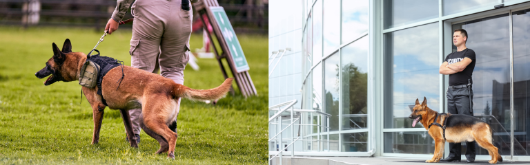 Malinois belge équipé d'un harnais tactique lors d'un entraînement cynophile et agent de sécurité en tenue noire surveillant l'entrée d'un bâtiment avec un berger allemand