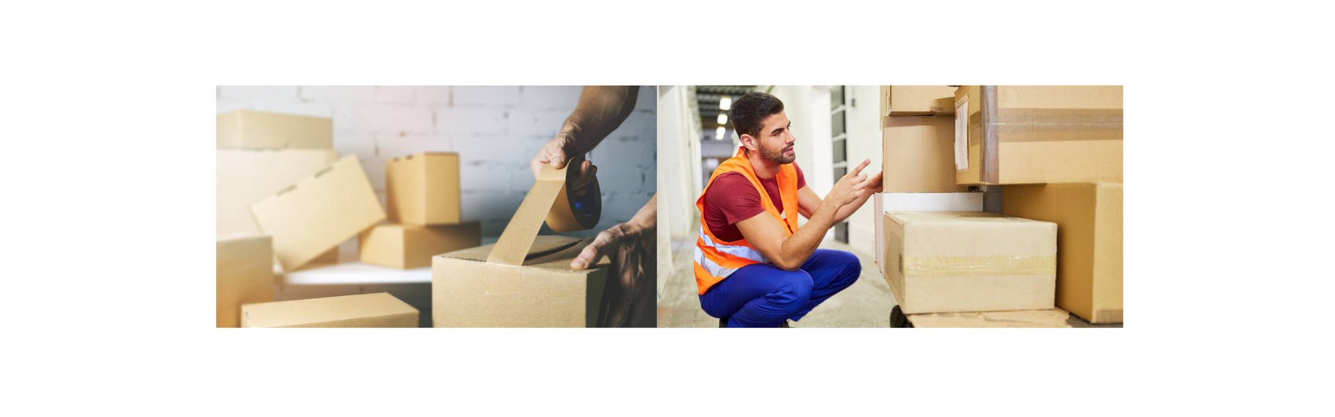 Mains scotchant un carton d'expédition dans un entrepôt et préparateur de commandes en gilet orange vérifiant des colis sur un rayonnage logistique