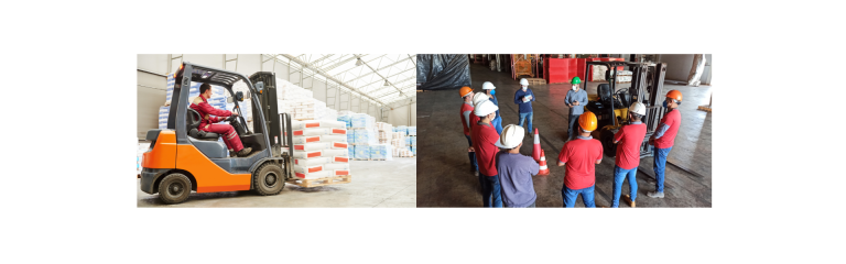 Cariste conduisant un chariot élévateur orange dans un entrepôt de stockage et équipe logistique en casques de sécurité réunie pour un briefing dans un entrepôt