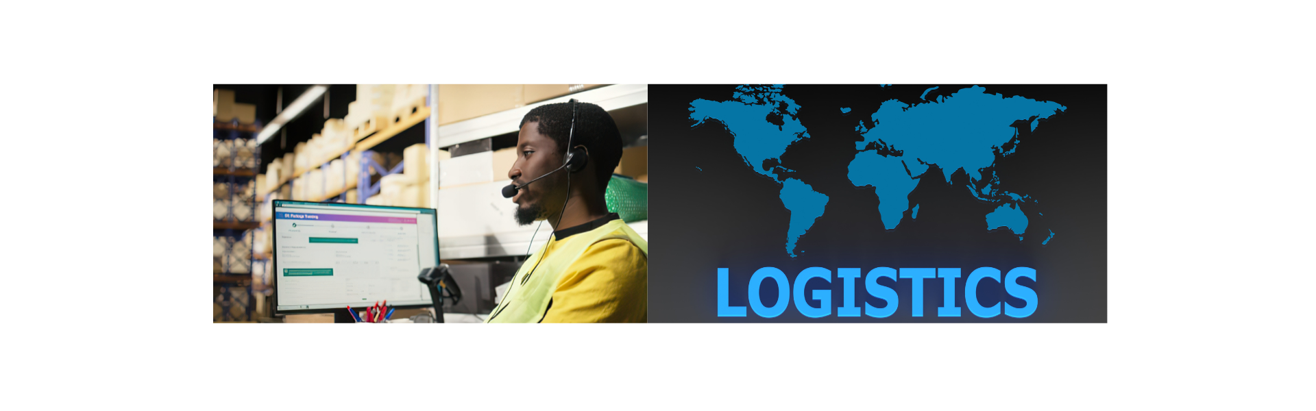 Agent logistique avec casque téléphonique travaillant sur un logiciel de gestion de stock en entrepôt et illustration mondiale du mot Logistics sur fond sombre
