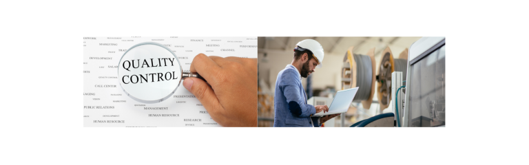 Loupe grossissant les mots Quality Control sur un fond de termes industriels et contrôleur qualité en casque blanc consultant un ordinateur portable dans un atelier de production