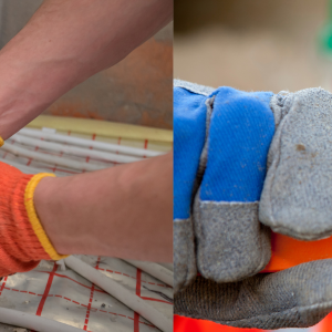 Tuyauteur Soudeur Technicien avec gants orange travaillant sur un réseau de tuyauterie CVC et ouvrier en casque vert utilisant un niveau à bulle sur chantier