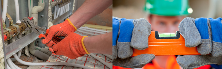 Tuyauteur Soudeur Technicien avec gants orange travaillant sur un réseau de tuyauterie CVC et ouvrier en casque vert utilisant un niveau à bulle sur chantier