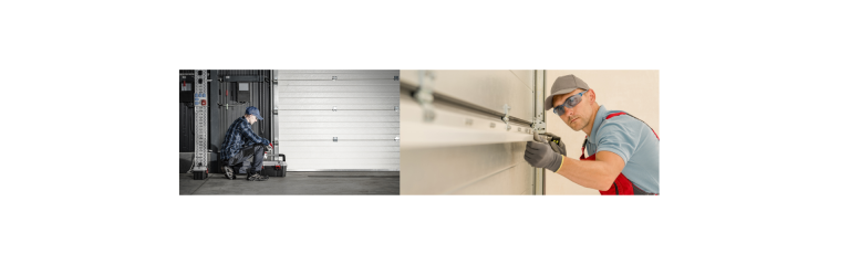 Technicien intervenant sur le mécanisme d'une porte sectionnelle industrielle et technicien en automatisme avec lunettes de protection réglant le rail d'une porte automatique
