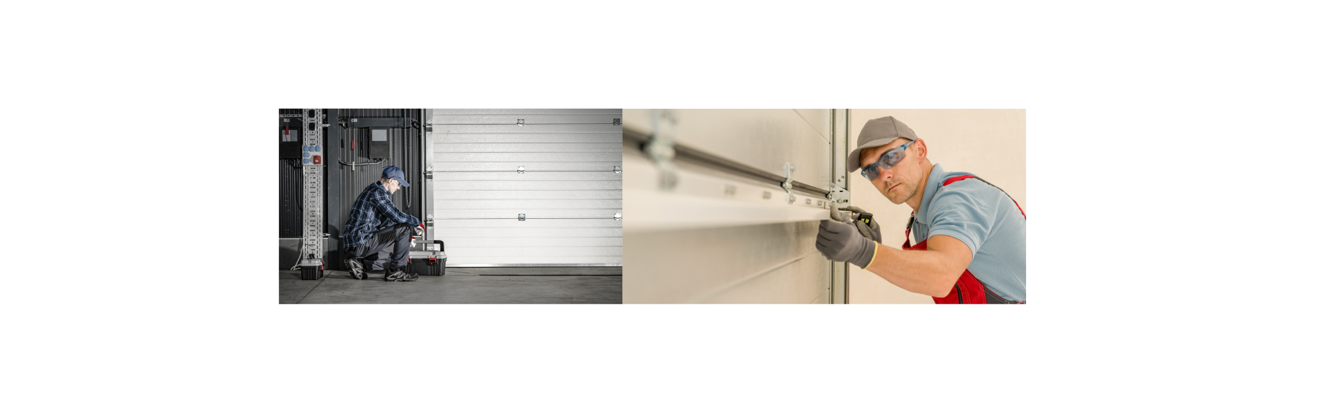 Technicien intervenant sur le mécanisme d'une porte sectionnelle industrielle et technicien en automatisme avec lunettes de protection réglant le rail d'une porte automatique