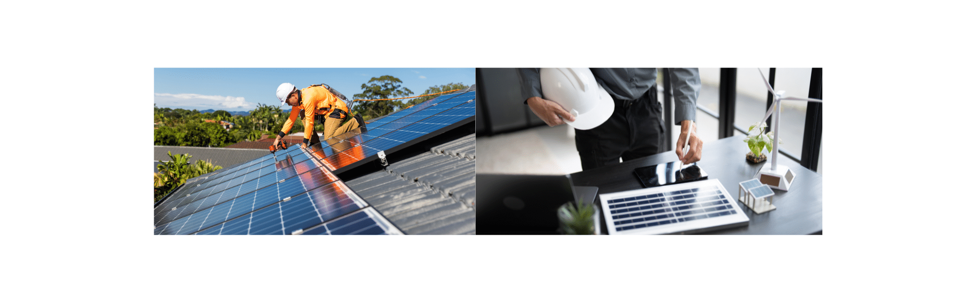 Technicien en combinaison orange avec harnais installant des panneaux solaires sur un toit et ingénieur en énergie analysant des maquettes de panneaux solaires et éolienne sur bureau