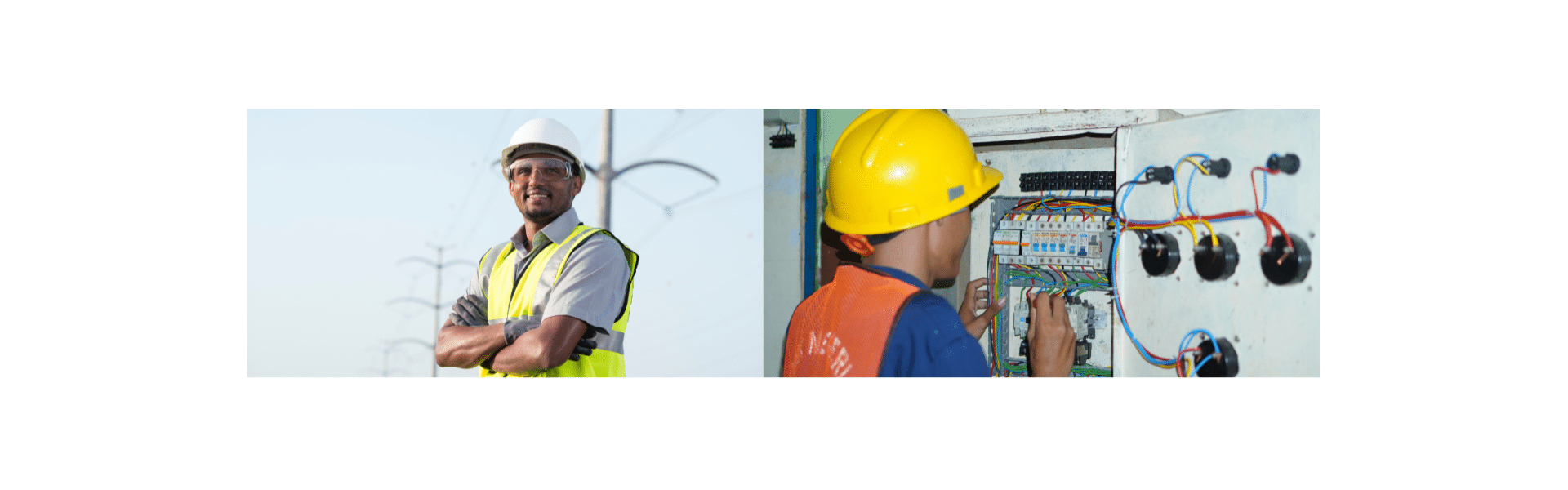 Technicien électrique industriel en casque blanc et gilet jaune bras croisés devant des pylônes électriques et électricien en casque jaune intervenant sur une armoire électrique industrielle