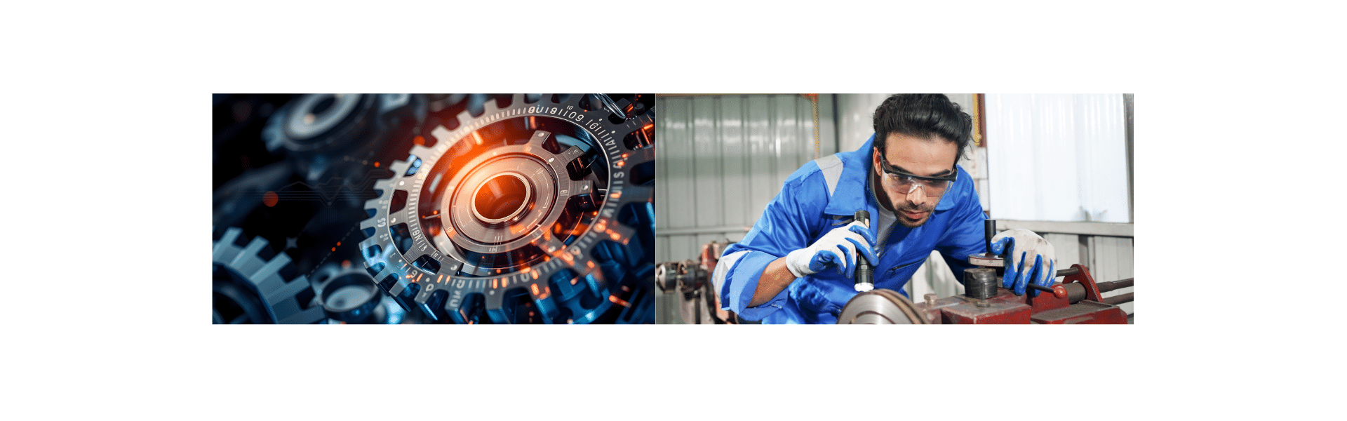 Gros plan sur des engrenages industriels métalliques illuminés et mécanicien industriel en combinaison bleue avec lunettes de protection intervenant sur une machine en atelier