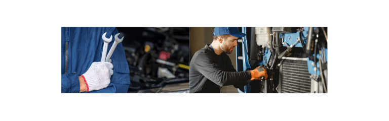 Technicien en combinaison bleue tenant des clés à molette devant un moteur et technicien avec gants orange intervenant sur un équipement industriel