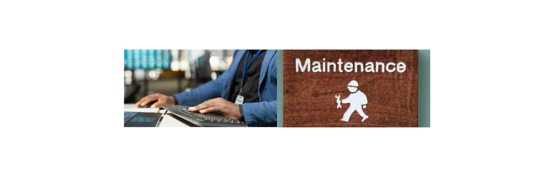 Technicien avec badge travaillant sur un poste informatique de supervision et panneau de signalisation Maintenance avec pictogramme de technicien