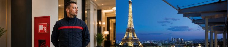 Chef d'équipe SSIAP 2 IGH en uniforme dans le hall d'un hôtel de luxe à Paris, avec la tour Eiffel en arrière-plan.