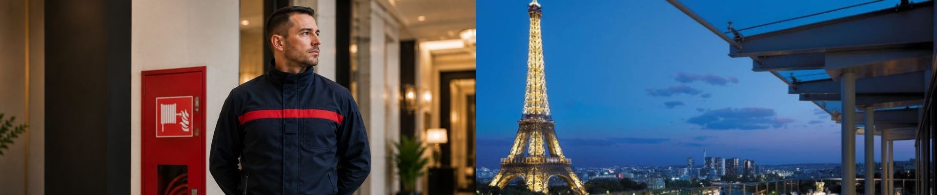 Chef d'équipe SSIAP 2 IGH en uniforme dans le hall d'un hôtel de luxe à Paris, avec la tour Eiffel en arrière-plan.