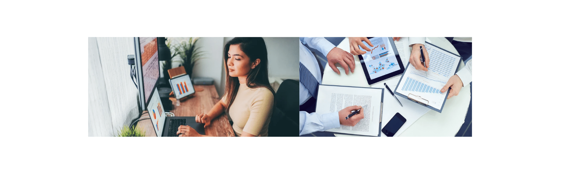 Assistante commerciale avec casque téléphonique prenant des notes devant un écran d'ordinateur et bureau avec ordinateur portable, graphiques commerciaux et calculatrice