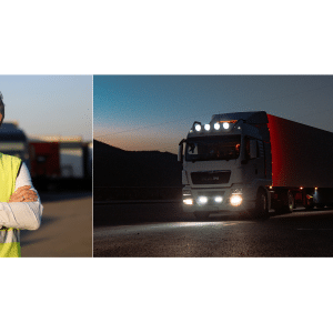 Chauffeur SPL en gilet jaune bras croisés devant des camions sur une aire de transport et semi-remorque à remorque rouge roulant de nuit sur route avec phares allumés